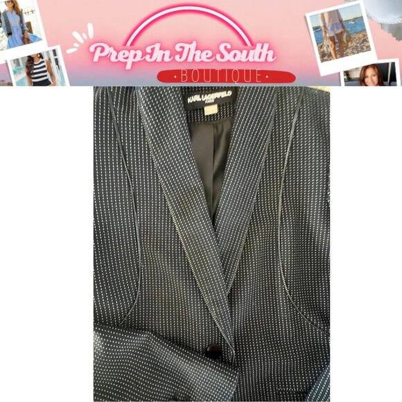 Karl Lagerfeld PARIS Black w/ White Dot Blazer w/ Zipper Trim 6 -GORGEOUS - Picture 7 of 15
